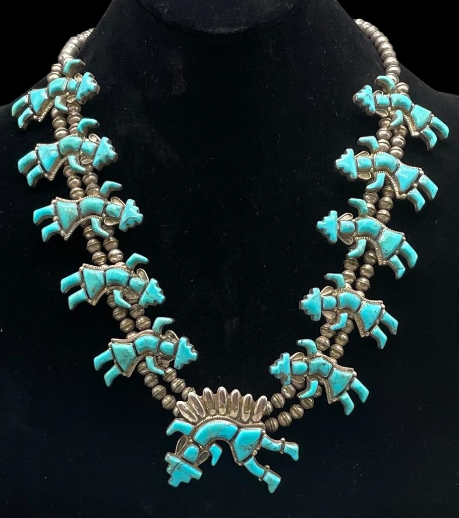 Turquoise And Sterling Silver Rainbow Man Squash Blossom Theme Necklace - Burnside (1 of 15)