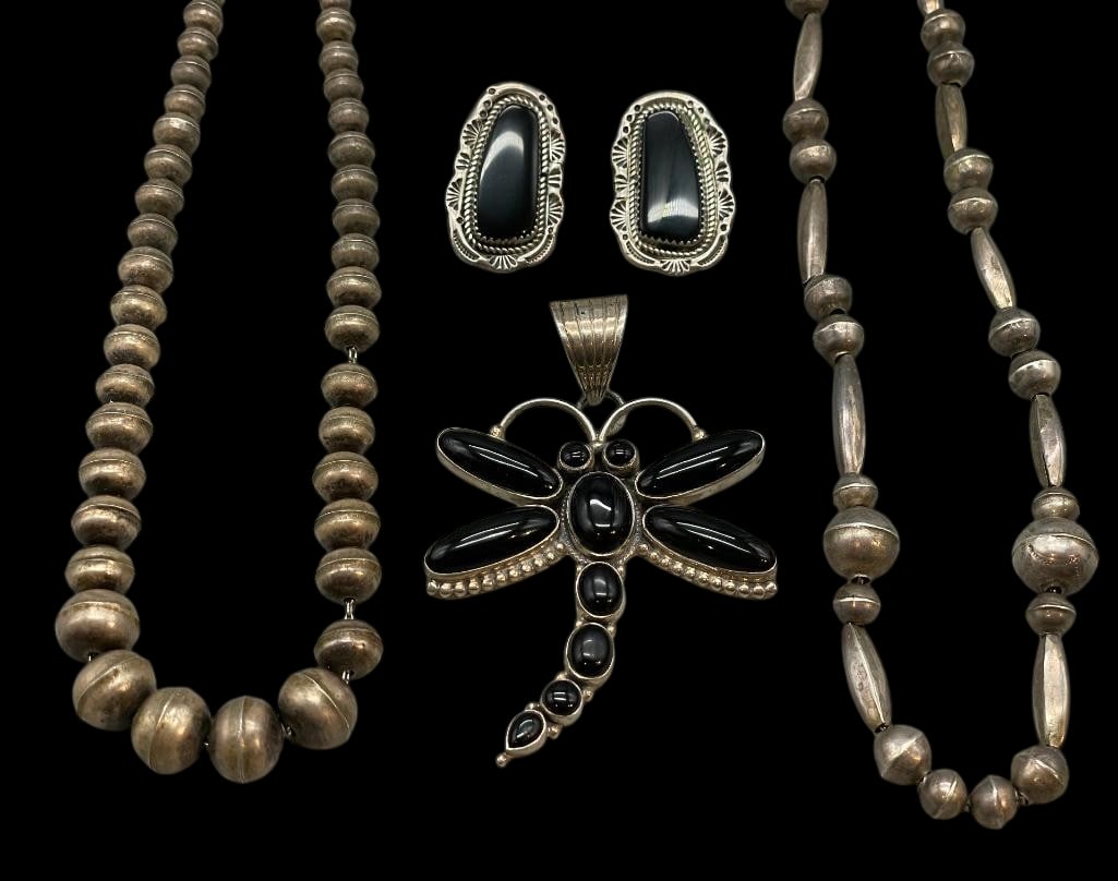 Two Sterling Silver Beaded Necklaces With Onyx Pendant And Earrings (1 of 15)