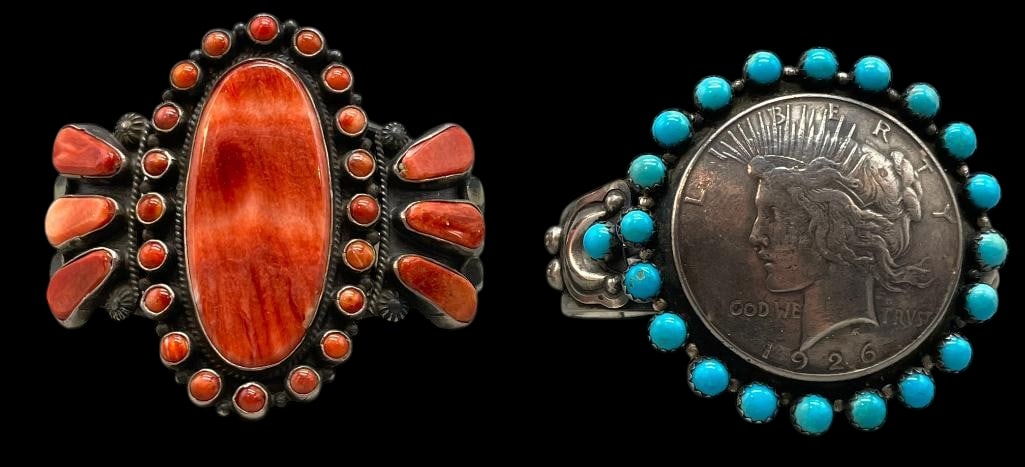 Two Sterling Silver Bracelets -One Spiny Oyster And One Turquoise: Offered here for your consideration are two sterling silver bracelets- one spiny oyster and one turquoise. Both pieces feature turquoise or spiny oyster cabochons set in smooth or sawtooth silver beze