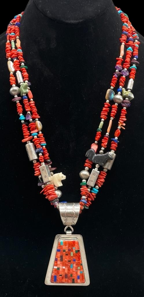 Three Strand Spiny Oyster Treasure Necklace With Inlay Pendant By Daniel Coriz: Offered here for your consideration is a three strand spiny oyster treasure necklace with inlay pendant by Daniel Coriz. This necklace features a pendant highlighted with multi stone inlay all set in 