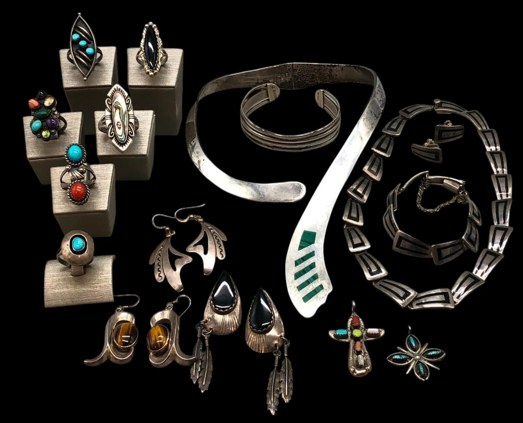 Group Of Sterling Silver Jewelry Items - Some From Mexico: Offered here for your consideration is a group of sterling silver jewelry items - some from Mexico. The pieces showcase a variety of designs including black inlays, multi stone settings, turquoise cab