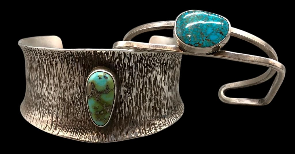 Two Julian Chavez Sterling Silver And Turquoise Bracelets: For your bidding enjoyment we present two Julian Chavez sterling silver and turquoise bracelets. Each bracelet features a great turquoise cabochon set in smooth silver bezels. One stone is on a nicely