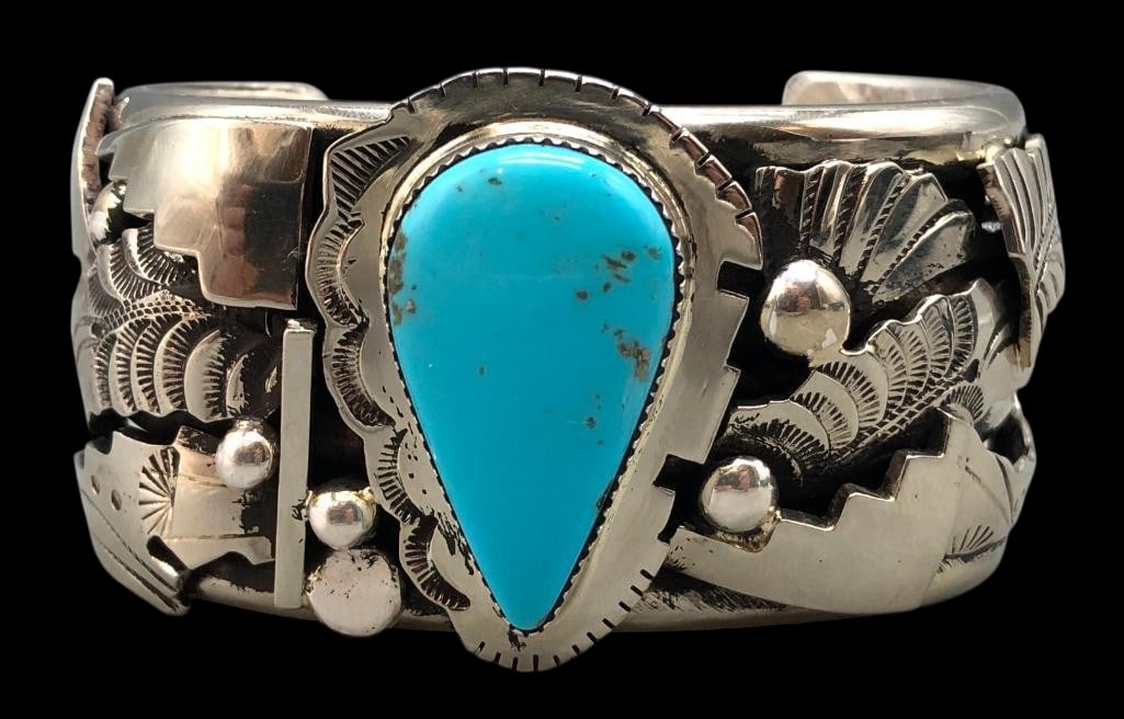 Hefty Sterling Silver And Turquoise Bracelet (1 of 9)