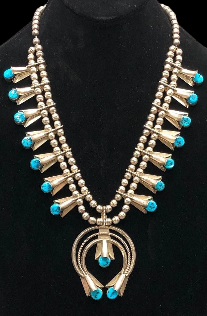 Sterling Silver And Turquoise Flower Pot Style Squash Blossom Necklace (1 of 17)