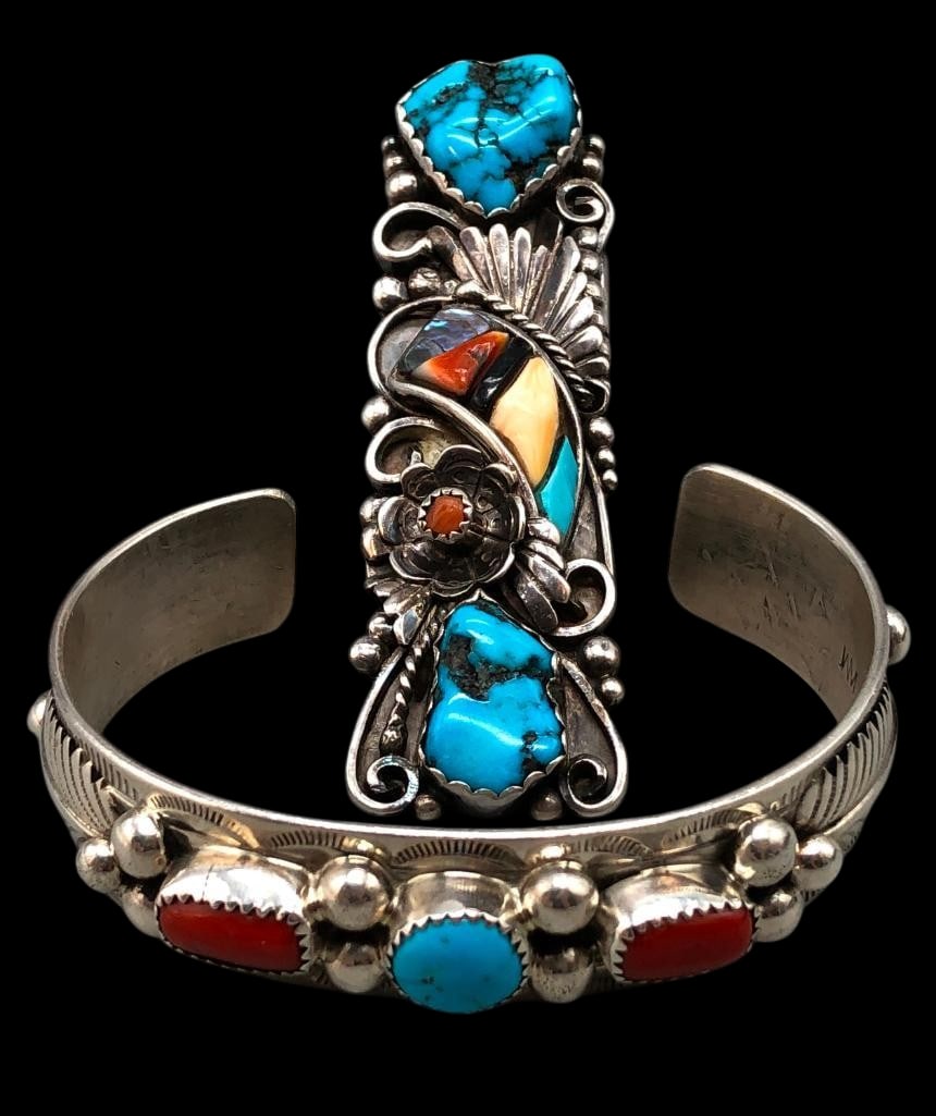 Sterling Silver, Turquoise, Coral And Inlay Ring With Turquoise And Coral Bracelet (1 of 10)