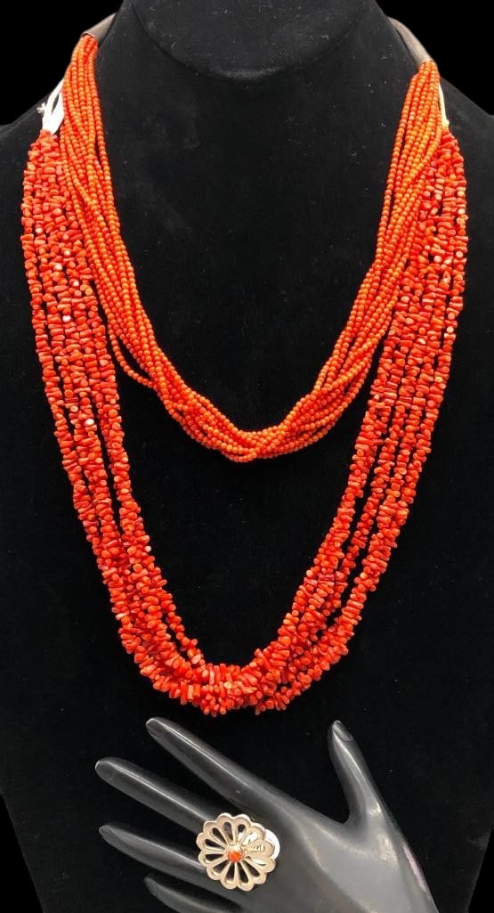 Two Coral Multi Strand Necklaces With Sterling Silver And Coral Ring (1 of 17)