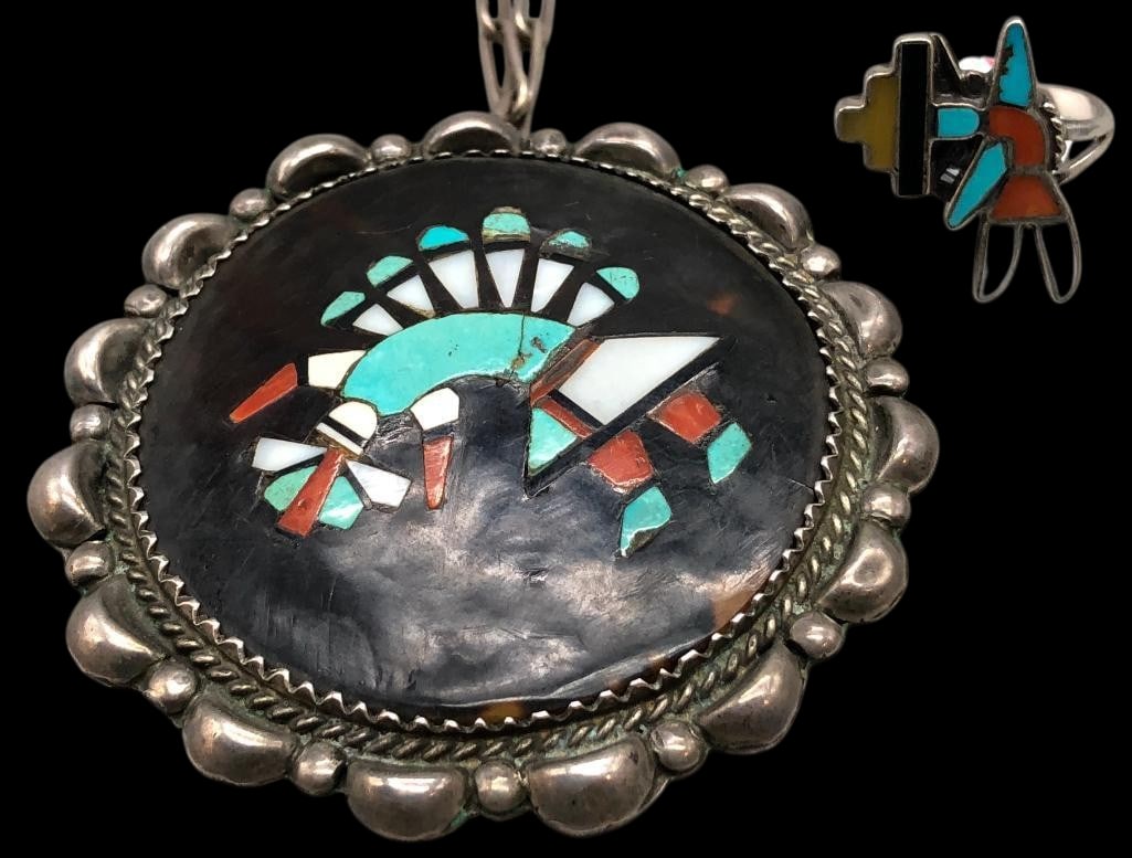 Vintage Zuni Inlay And Sterling Silver Pin/Pendant With Chain And Ring: Offered here for your consideration is a vintage Zuni inlay and sterling silver pin/pendant with chain and ring. Both pieces feature a multi stone inlay showcasing a Rainbow Man design. The stones inc
