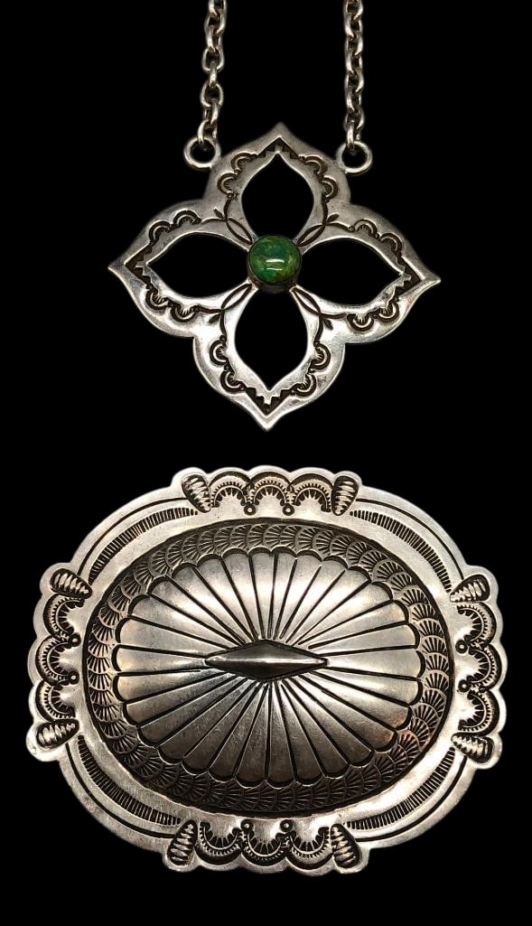 Sterling Silver Concho Style Pin With Sterling Silver And Turquoise Necklace: Offered here for your consideration is a sterling silver concho style pin with sterling silver and turquoise necklace. The pendant on the necklace features a green turquoise cabochon set in a smooth s