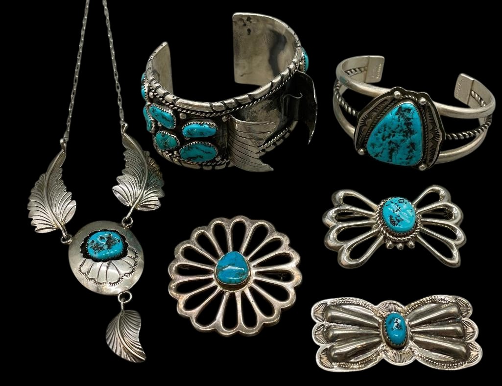 Sterling Silver And Turquoise Bracelets Pins And Necklace (1 of 18)