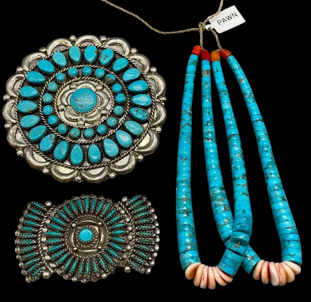 Two Turquoise And Sterling Silver Pins And Set Of Joclas (1 of 8)