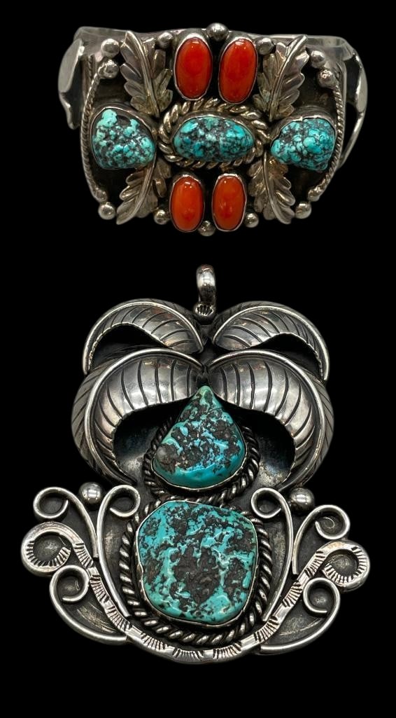 Sterling Silver, Turquoise And Coral Bracelet With Sterling Silver And Turquoise Pendant (1 of 11)