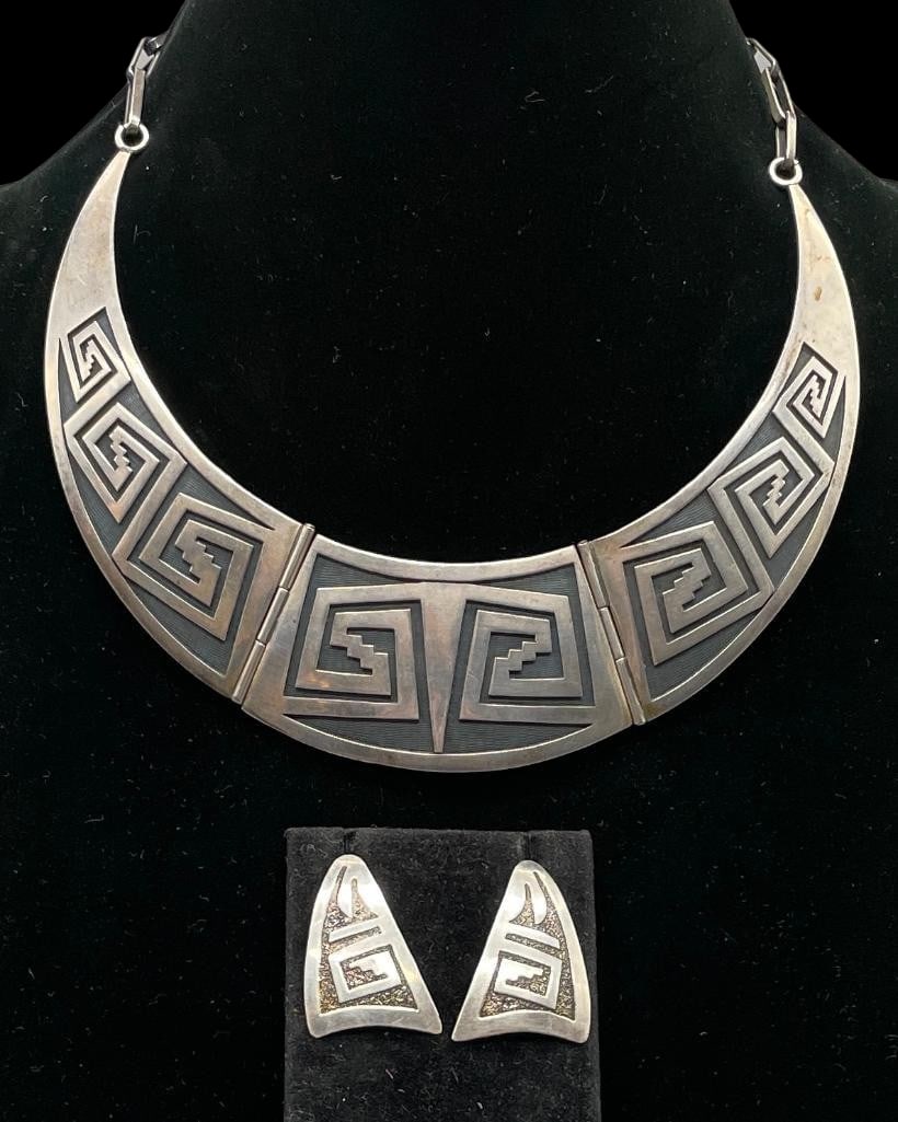 Hopi Sterling Silver Overlay Style Collar Necklace And Earrings (1 of 16)