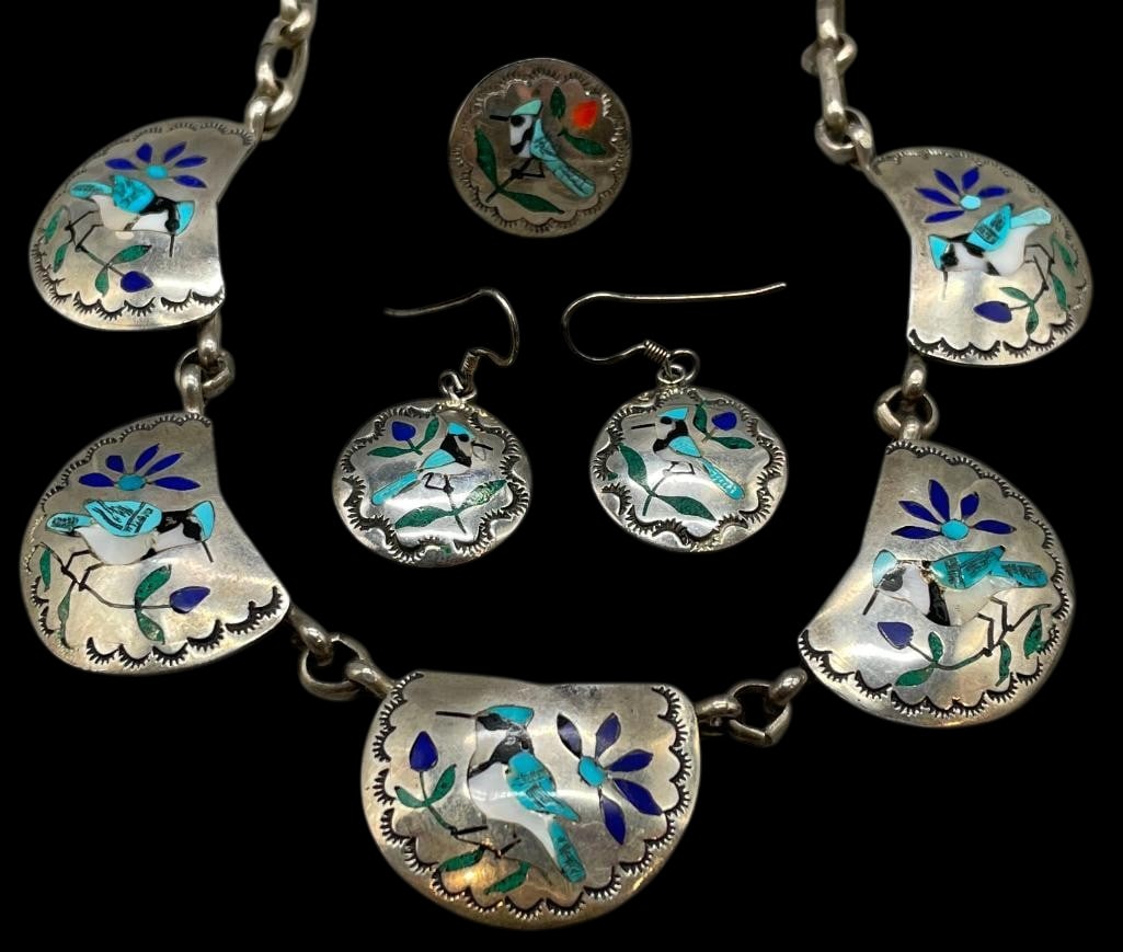 Sterling Silver And Multi Stone Inlay Bird Theme Necklace, Earrings And Ring By Quam (1 of 18)