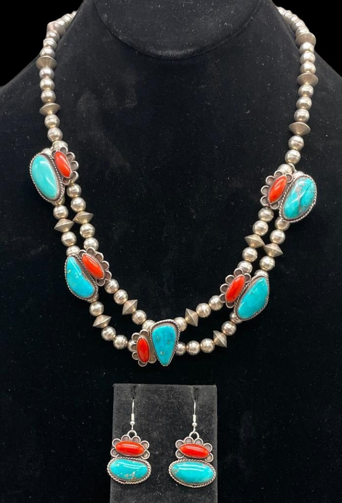 Sterling Silver, Turquoise And Coral Necklace And Earring Set (1 of 17)