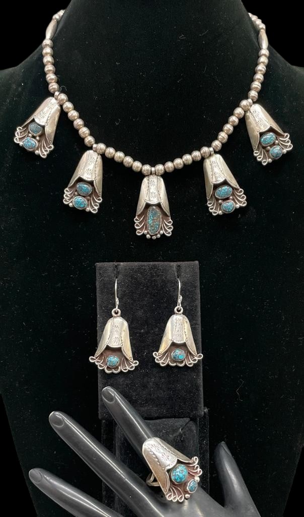 Vintage Sterling Silver Flowerpot Style Necklace, Ring And Earrings - Possible Lone Mountain (1 of 16)