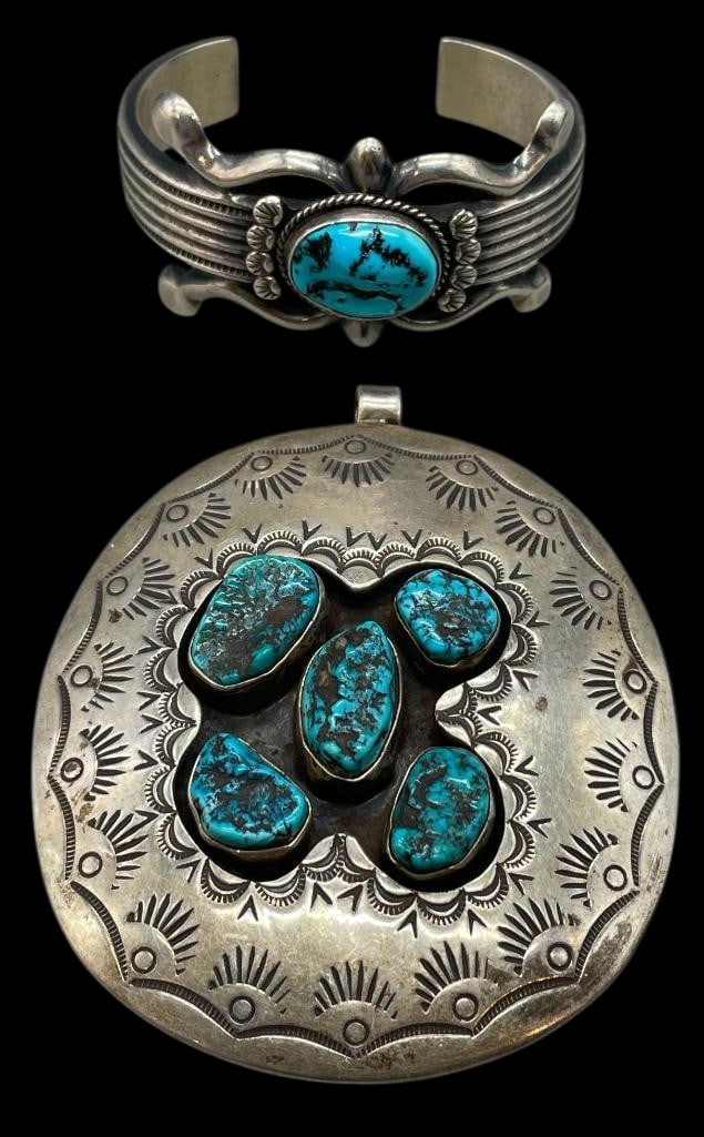 Large Sterling Silver And Turquoise Pendant With Bracelet (1 of 10)