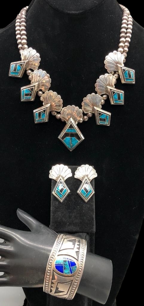 Sterling Silver, Turquoise And Onyx Inlay Necklace With Earrings And Inlay Bracelet (1 of 19)