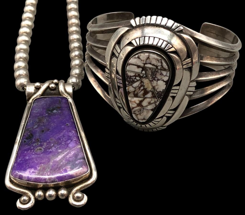 Charoite And Sterling Silver Necklace With A Wild Horse And Sterling Silver Bracelet: Offered here for your consideration is a charoite and sterling silver necklace with a Wild Horse and sterling silver bracelet. This necklace features a pendant highlighted with a charoite cabochon