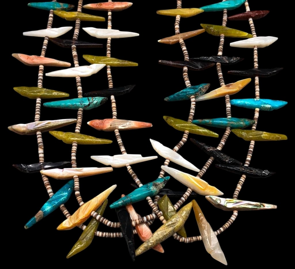 Pueblo Three Strand Fetish Necklace: Offered here for your consideration is a Pueblo three strand fetish necklace. This necklace features strands of shell Heishi beads highlighted with multi stone fetishes throughout. The stones include 