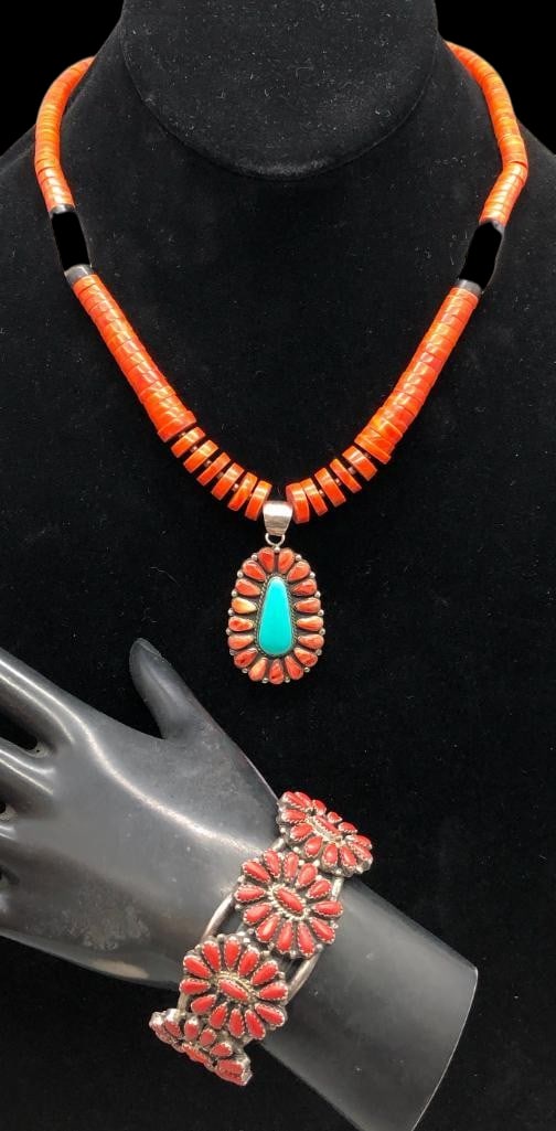 Spiny Oyster And Turquoise Necklace With Coral Bracelet (1 of 18)