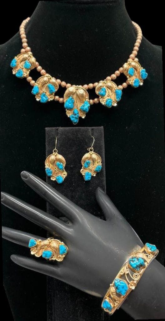 14K Gold And Turquoise Necklace, Earrings, Bracelet And Ring (1 of 19)