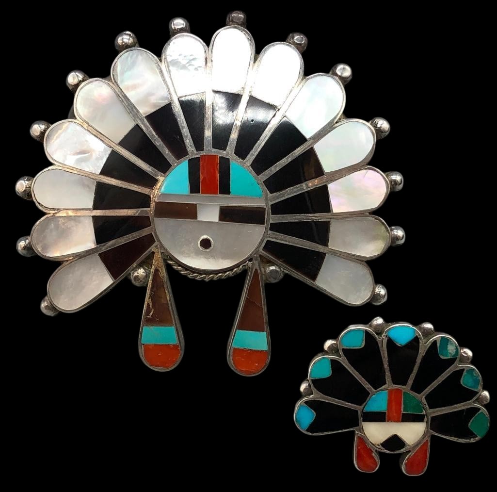 Zuni Sunface Inlay And Sterling Silver Bracelet With Ring: Offered here for your consideration is a Zuni Sunface inlay and sterling silver bracelet with ring. Both pieces feature a multi stone Zuni Sunface inlay design of turquoise coral, mother of pearl and 