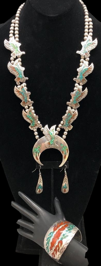 Vintage Chip Inlay And Sterling Silver Necklace, Bracelet And Earrings: Offered here for your consideration is a vintage chip inlay and sterling silver necklace, bracelet and earrings. Each piece feature a turquoise and coral chip inlay with the earrings and necklace show
