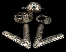 Group Of Sterling Silver Items - Two Watches, Hair Piece And Collar Tips: Offered here for your consideration is a group of sterling silver items- two watches, hair piece and collar tips. Three of the pieces are highlighted with hand stamped designs. The hair piece is furth
