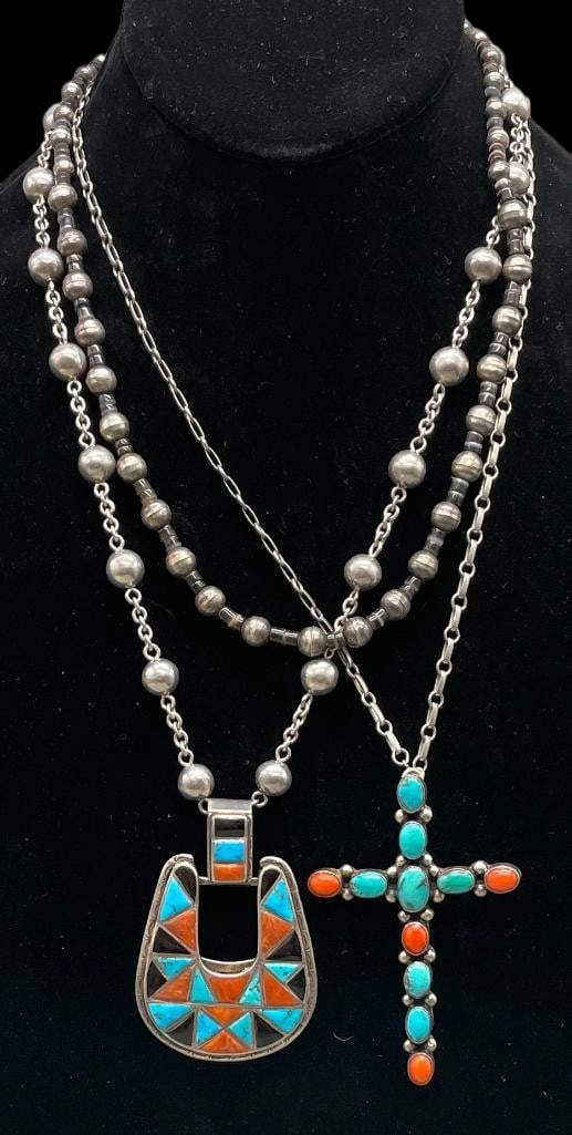 Group Of Three Sterling Silver Necklaces With Turquoise, Coral, Etc (1 of 15)