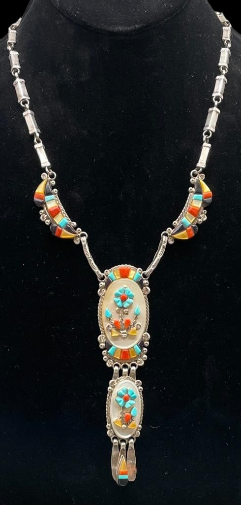 Vintage Multi Stone Inlay And Sterling Silver Zuni Flower Themed Necklace (1 of 16)