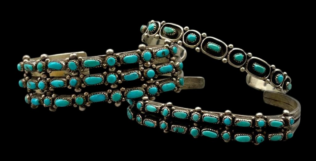 Three Dot Dash Turquoise And Sterling Silver Bracelets: Offered here for your consideration are three dot dash turquoise and sterling silver bracelets. Each piece features rows of turquoise cabochons in a dot dash configuration. The stones are set in sawto