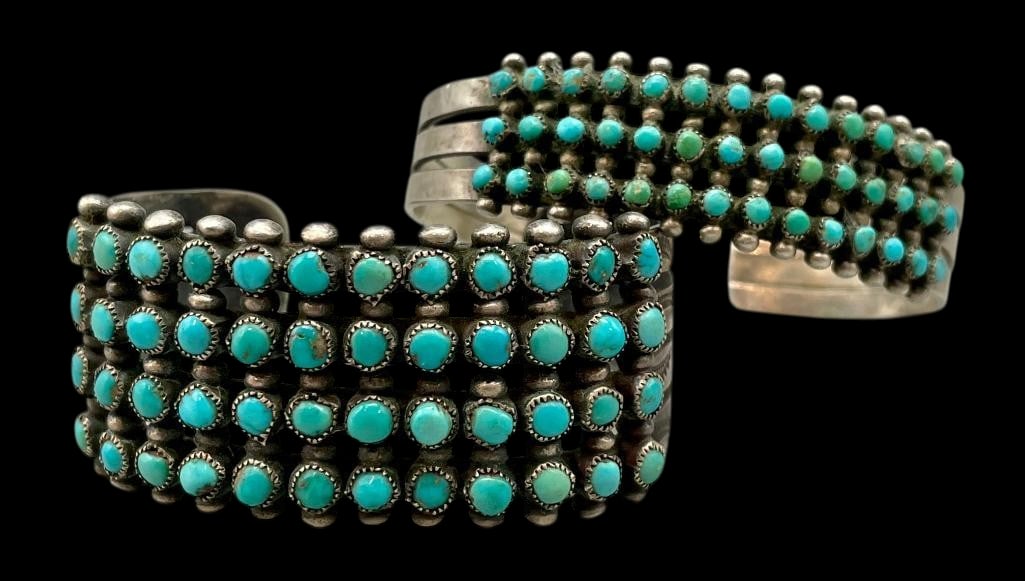 Two Snake Eye Turquoise And Sterling Silver Bracelets: Offered here for your consideration are two snake eye turquoise and sterling silver bracelets. Both pieces feature three or four rows of snake eye turquoise cabochons set in sawtooth silver bezels. Ac