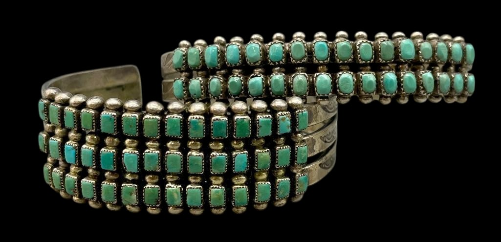 Two Square Stone Turquoise And Sterling Silver Bracelets: Offered here for your consideration are two square stone turquoise and sterling silver bracelets. Both pieces feature two or three rows of square turquoise cabochons set in sawtooth silver bezels. Acc