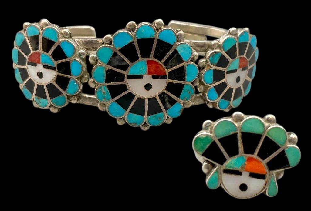 Sterling Silver And Multi Stone Inlay Sunface Theme Bracelet And Ring: Offered here for your consideration is a sterling silver and multi stone inlay Sunface theme bracelet and ring. Both pieces feature a multi stone Sunface inlay design of turquoise, coral, mother of pe