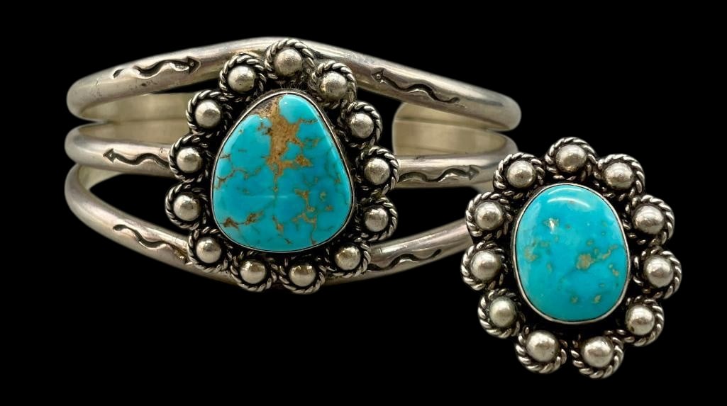 Vintage Sterling Silver And Turquoise Bracelet And Ring (1 of 8)