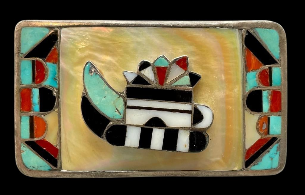 Vintage Multi Stone Inlay And Sterling Silver Belt Buckle: Presented here for your bidding pleasure is a vintage mulit stone inlay and sterling silver belt buckle. This sterling silver buckle has a flush inlay along the sides and a raised center created with 