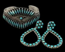Sterling Silver And Needlepoint Bracelet and Snake Eye/Dot Turquoise Earrings: Offered here is a sterling silver and needlepoint bracelet and snake eye/dot turquoise earrings. This intricately shaped cuff features needlepoint turquoise cabochons set in sawtooth silver bezels acc