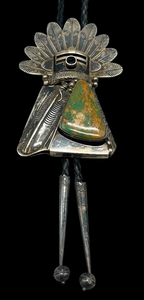 Sterling Silver Kachina Theme Bolo With Nice Turquoise By Jereme Delgarito (1 of 13)