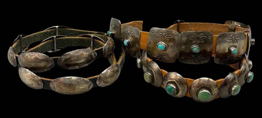 Two Vintage Sterling Silver And Turquoise Hat Bands: Offered here for your consideration are two vintage sterling silver and turquoise hat bands. The first hat band features 11 circular conchos and seven square conchos each highlighted with a turquoise 