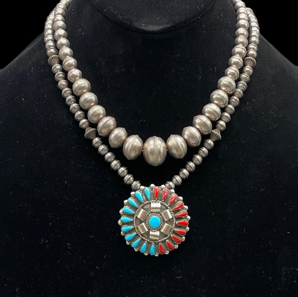Two Sterling Silver Necklaces - One With Turquoise And Coral Pendant: Available here for your consideration are two sterling silver necklaces - one with turquoise and coral pendant. Both pieces feature round sterling silver beads in graduated and similar sizes strung on