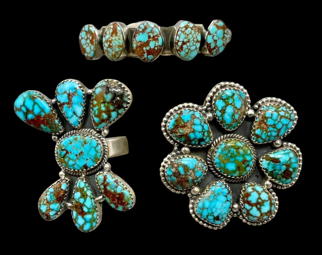 Nice Turquoise And Sterling Silver Bracelet With Two Rings (1 of 10)