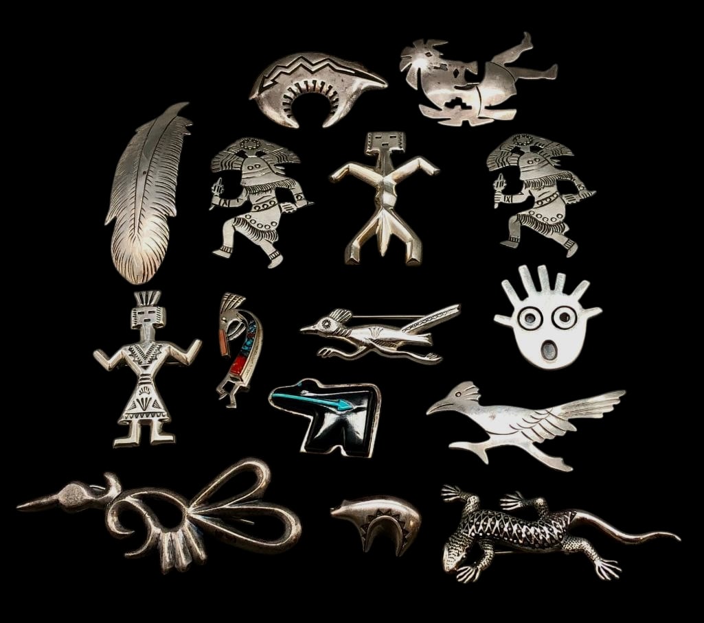 Group Of Sterling Silver Pins With Various Designs: Offered here for your consideration is a group of sterling silver pins with various designs. These pieces showcase various designs including Kachinas, bears, and birds and a lizard highlighted with ha