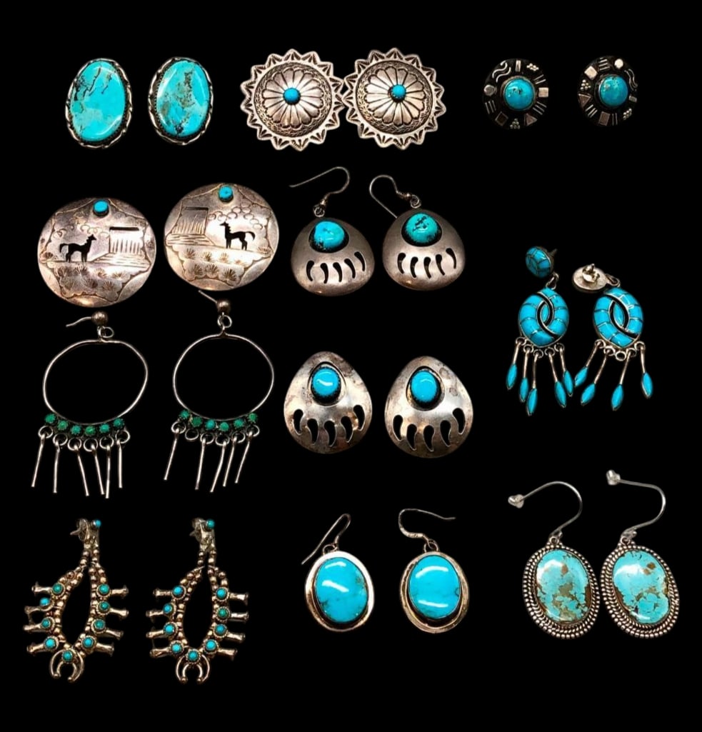Group Of Sterling Silver And Turquoise Earrings: Offered here for your consideration is a group of sterling silver and turquoise earrings. Several of the pieces feature turquoise cabochons set in smooth or sawtooth silver bezels with silver