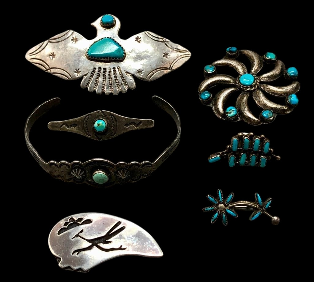 Group Of Sterling Silver Bracelet, Barrette, Pins, Etc.: Offered here for your consideration is a group of sterling silver bracelet, barrette, pins, etc. Most of the pieces feature turquoise cabochons set in smooth or sawtooth silver bezels with silver acce