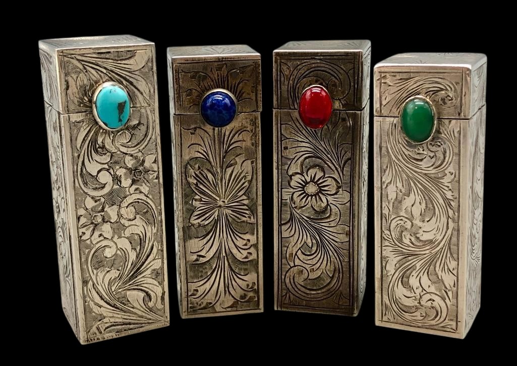 Four Hand Engraved Lipstick Cases with Various Stones - 800 Silver Content: Offered here for your consideration are four hand engraved lipstick cases with various stones - 800 silver content. Each piece is highlighted with various settings including turquoise, lapis, green