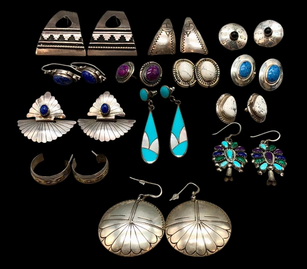 13 Pairs Of Sterling Silver Earrings With Various Designs: Offered here for your consideration are 13 pairs of sterling silver earrings with various designs. Some of the pieces feature stone cabochons including lapis, turquoise and others set in silver