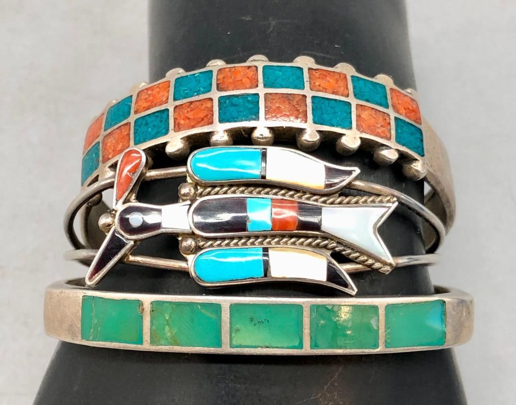 Three Sterling Silver Inlay Bracelets - 10