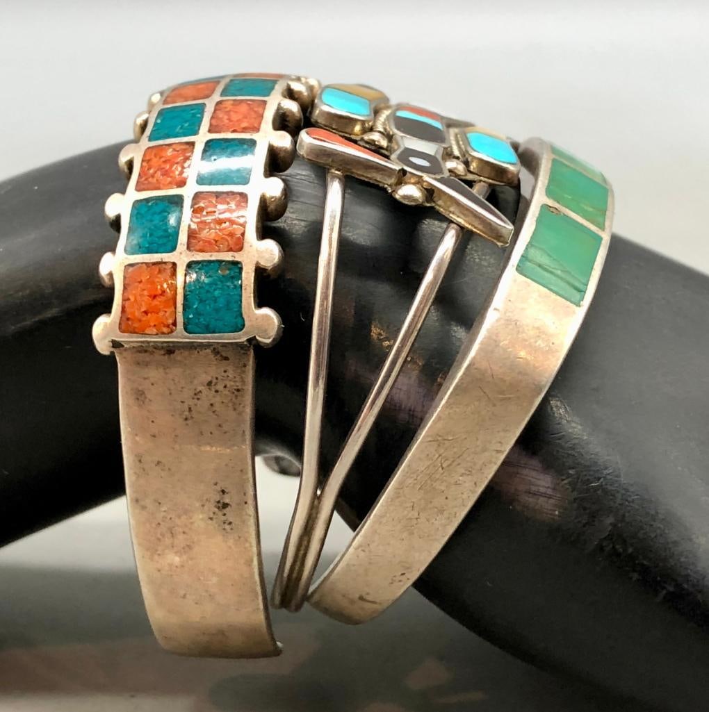 Three Sterling Silver Inlay Bracelets - 11