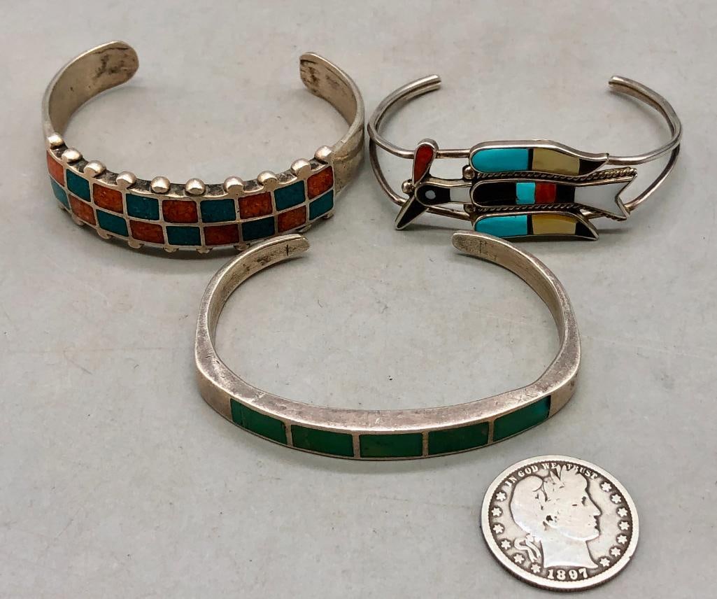 Three Sterling Silver Inlay Bracelets - 9