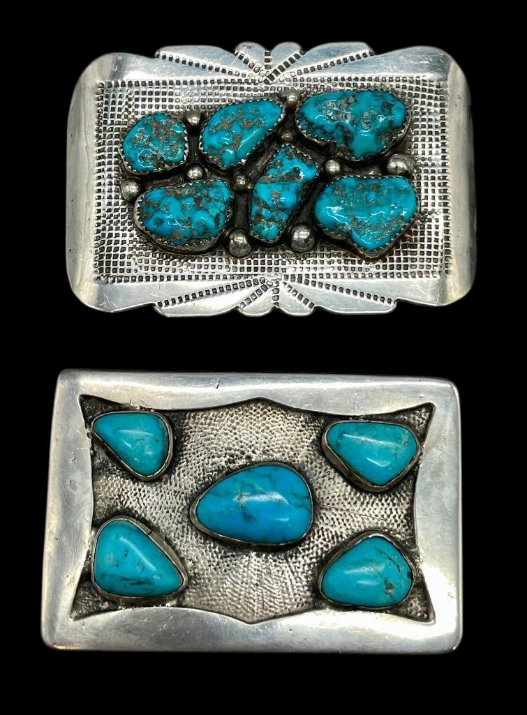 Two Sterling Silver And Turquoise Belt Buckles: Offered here for your consideration are two sterling silver and turquoise belt buckles. Both pieces feature five or six turquoise cabochons set in smooth or sawtooth silver bezels. Accenting the